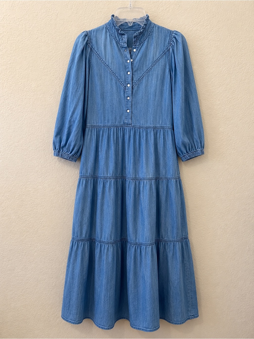 ba&sh Willow Denim Midi Dress Blue Chambray Prairie Western Tiered Boho S - Picture 2 of 6